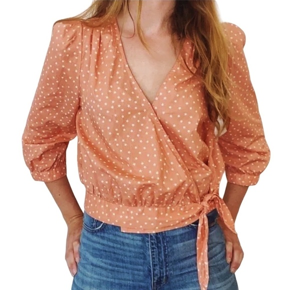 Madewell Blouse Top Shirt Wrap Peach Scatter Star Print Crossover Waist Tie - Picture 1 of 13